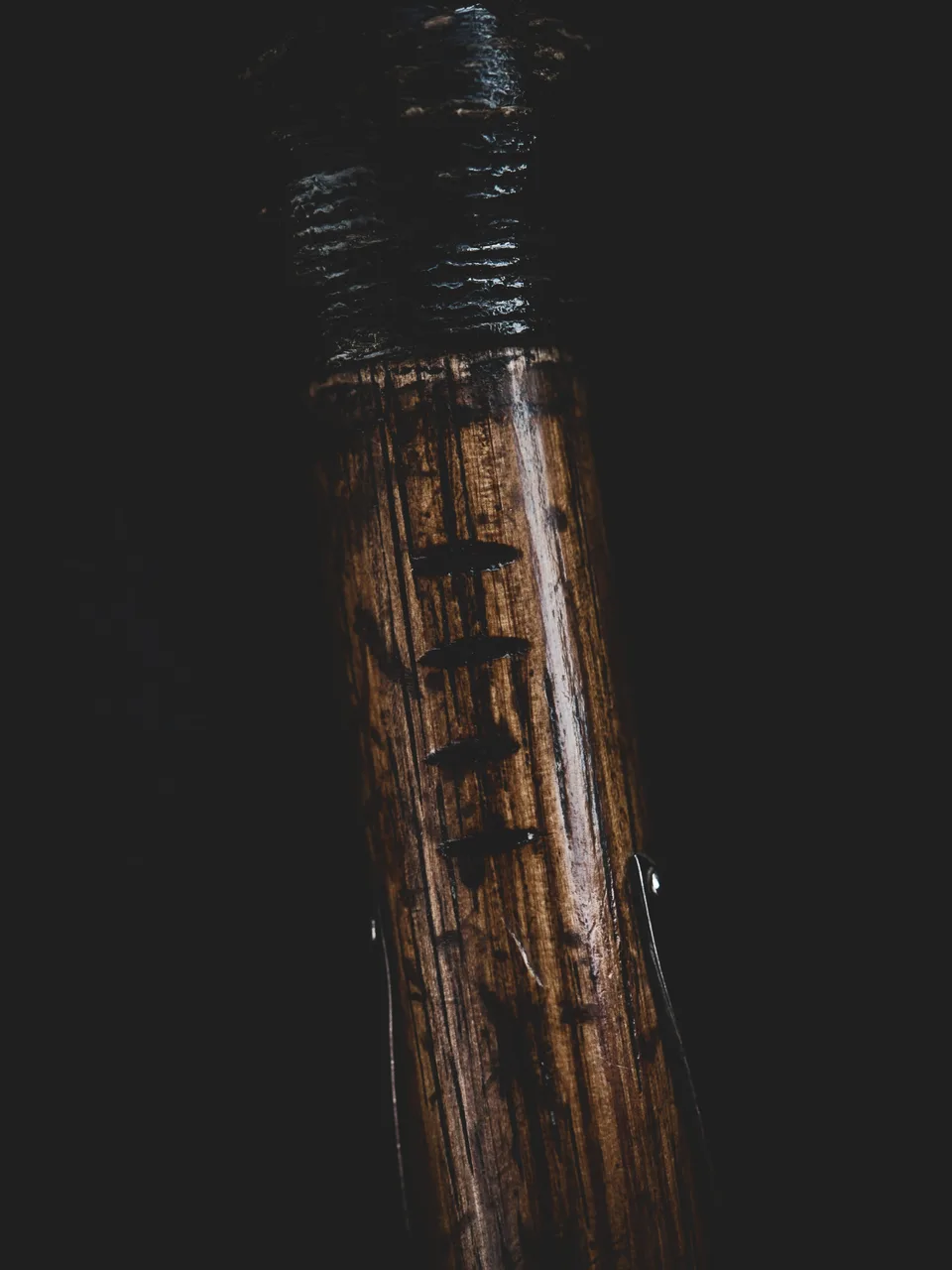 A hickory shaft with its grip whipping, in shadow
