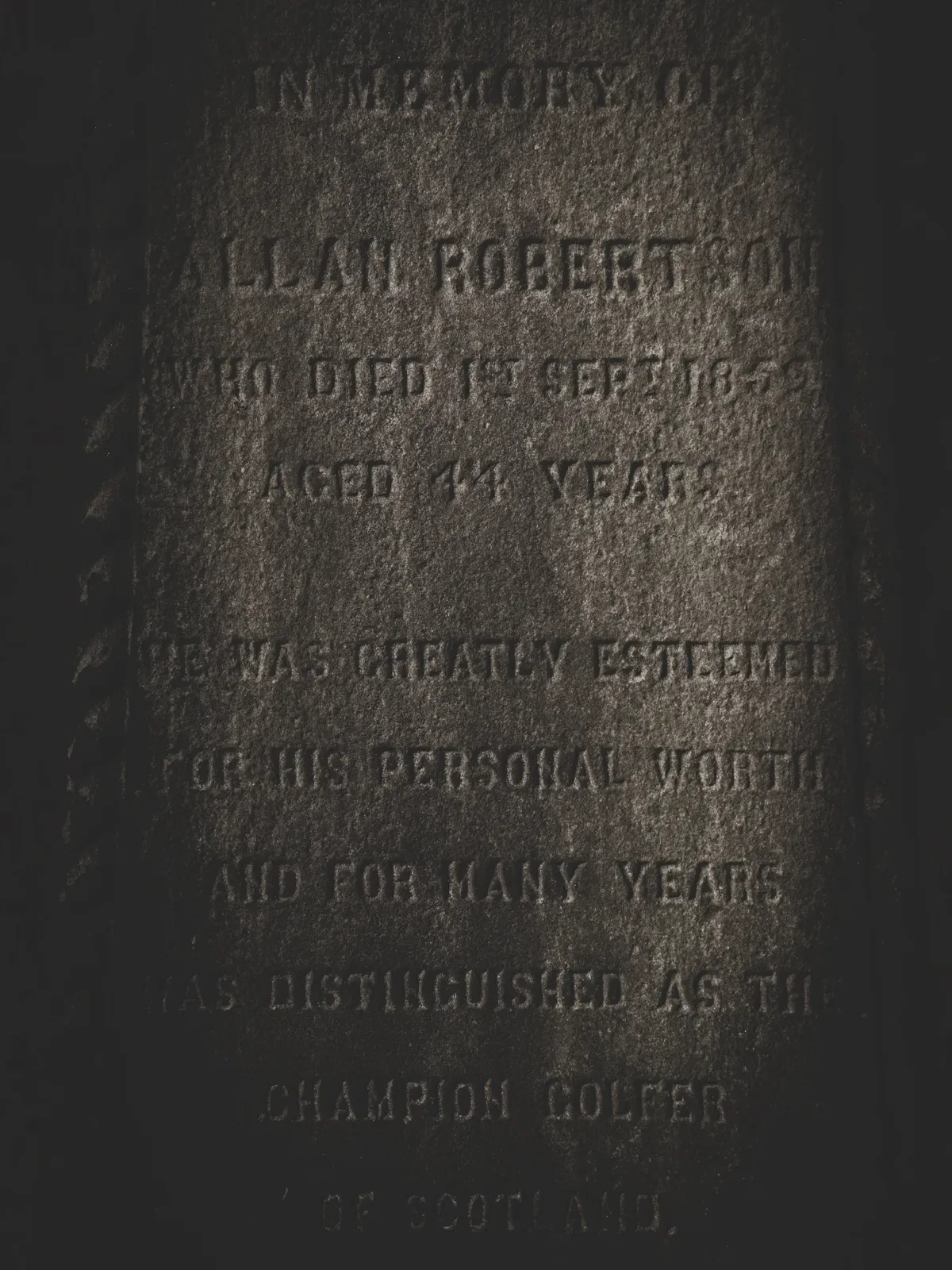 Allan Robertson’s carved sandstone memorial in the Cathedral burial ground, St Andrews