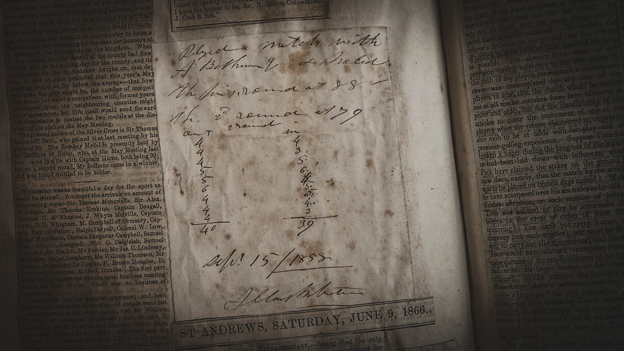 A handwritten note laid on a St Andrews newspaper dated Saturday 9 June 1866